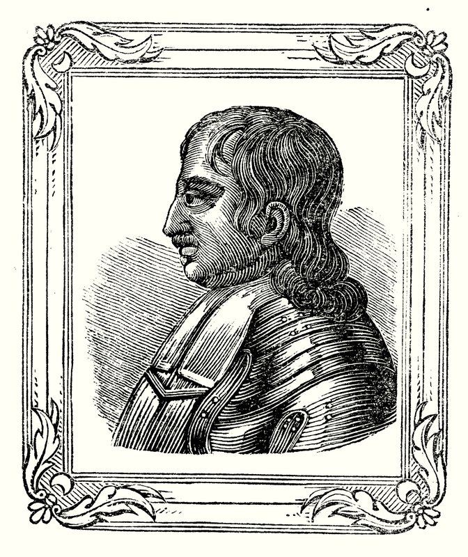 Oliver Cromwell blev født i 1599, blev til Protector i 1653 og døde i 1658 (gravering) af English School