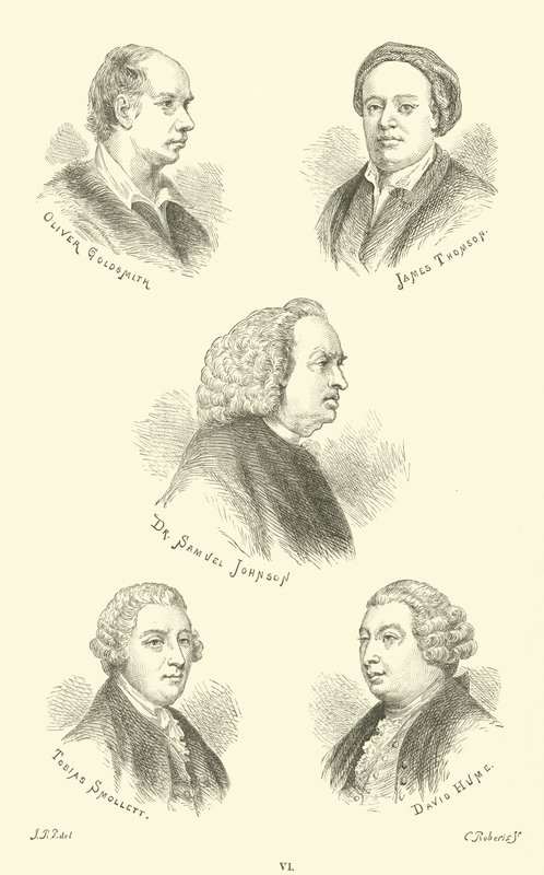 Oliver Goldsmith, James Thomson, Dr. Samuel Johnson, Tobias Smollett, David Hume af English School