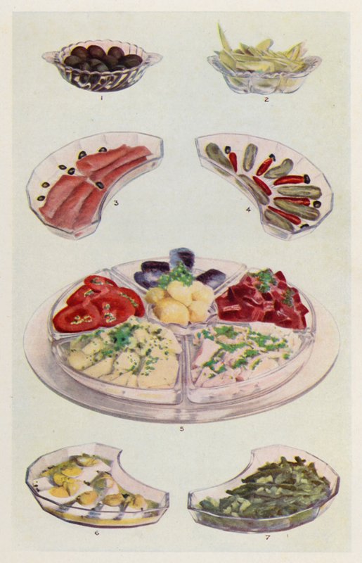 Oliven; Dresset cikorie; Røget laks; Agurk og chilli; Smør, tomatskiver, kartoffelsalat, kaninfisk, rødbeder, sardiner; Æggemayonnaise; Bønnesalat (farvelitografi) af English School