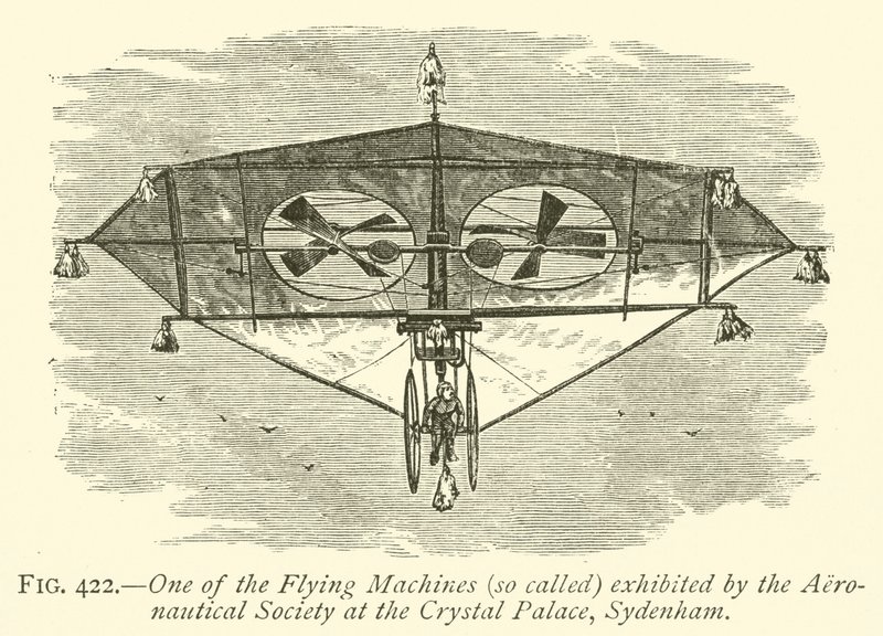 En af de flyvende maskiner (såkaldt) udstillet af Aeronautical Society på Crystal Palace, Sydenham (gravering) af English School