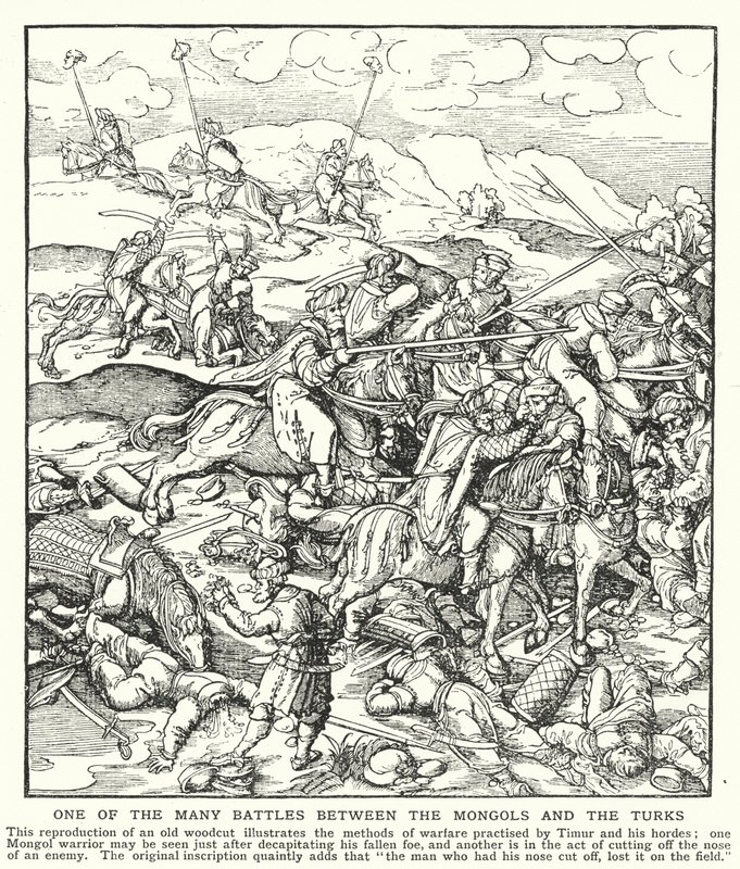 En af de mange kampe mellem mongolerne og tyrkerne (litho) af English School