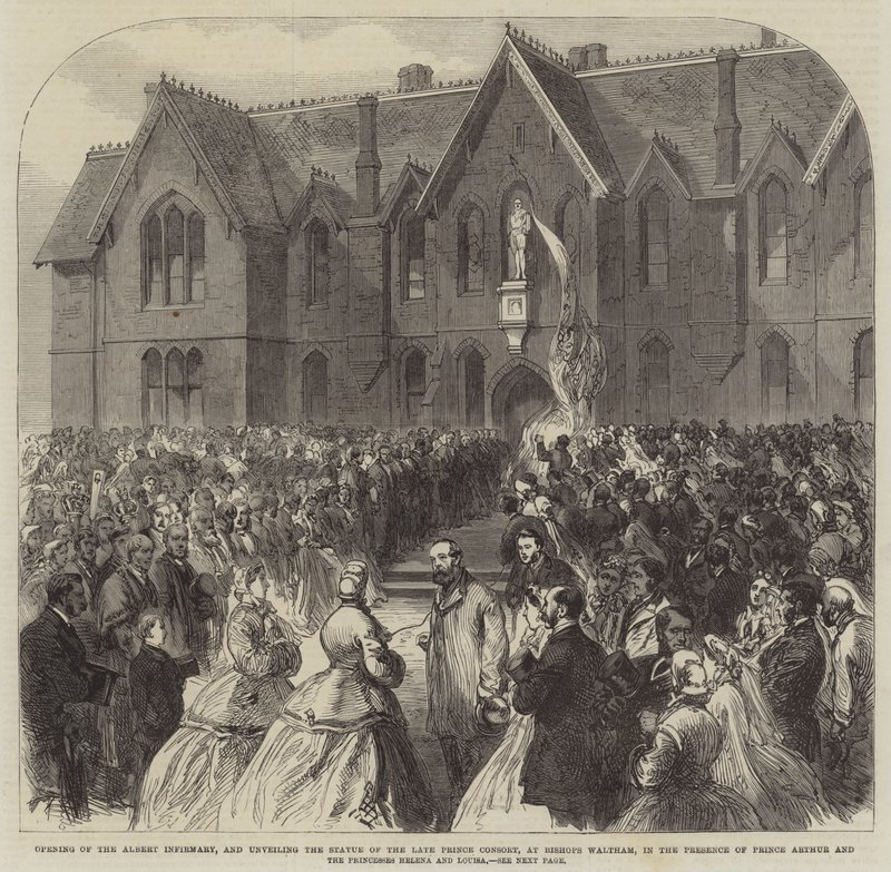 Åbning af Albert Infirmary og afsløring af statuen af den afdøde prinsgemale, ved Bishops Waltham, i nærværelse af prins Arthur og prinsesserne Helena og Louisa (gravering) af English School