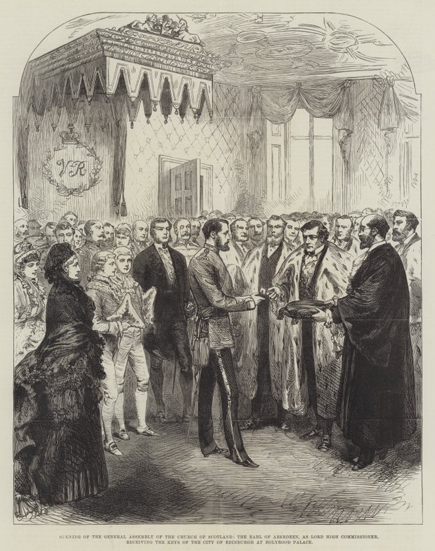 Åbning af generalforsamlingen for Church of Scotland, jarlen af Aberdeen, som Lord High Commissioner, der modtager nøglerne til Edinburgh City ved Holyrood Palace (gravering) af English School