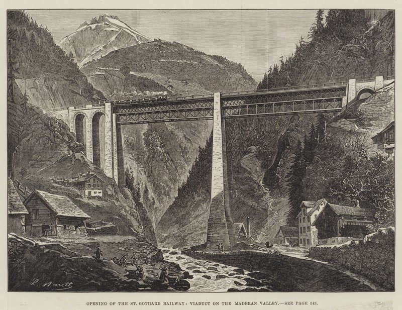 Åbning af St Gothard Railway, Viaduct på Maderan Valley (gravering) af English School