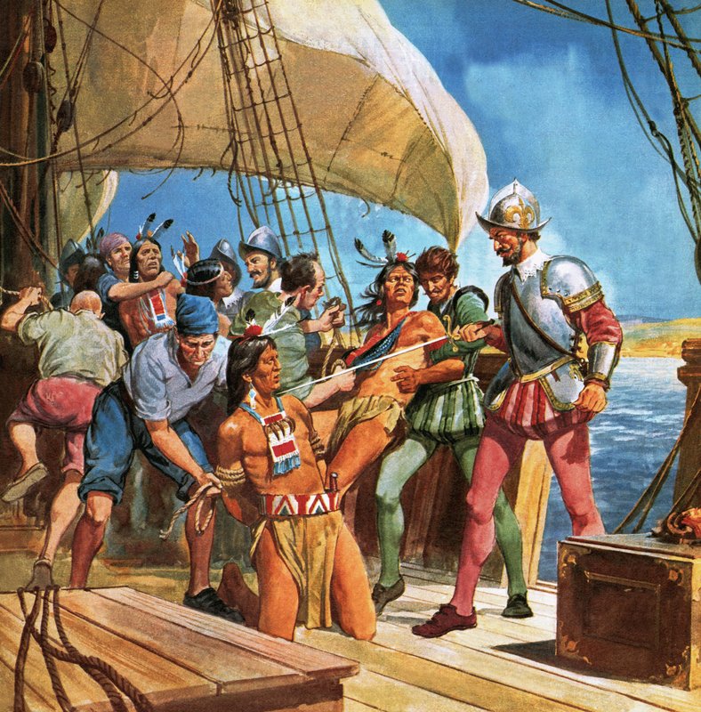 Operation Redskin. I 1605 sejlede Sir Ferdinando Gorges til Amerika og kidnappede fem indianere, så Lord Chief Justice kunne lære mere om indfødte amerikanere. af English School