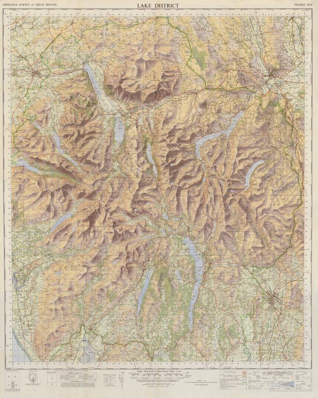 Ordnance Survey-kort over Lake District (farvelitografi) af English School