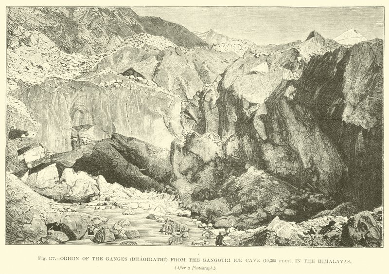 Origin of the Ganges (Bhagirathi) from the Gangotri Ice Cave (10,300 feet), in the Himalayas  af English School