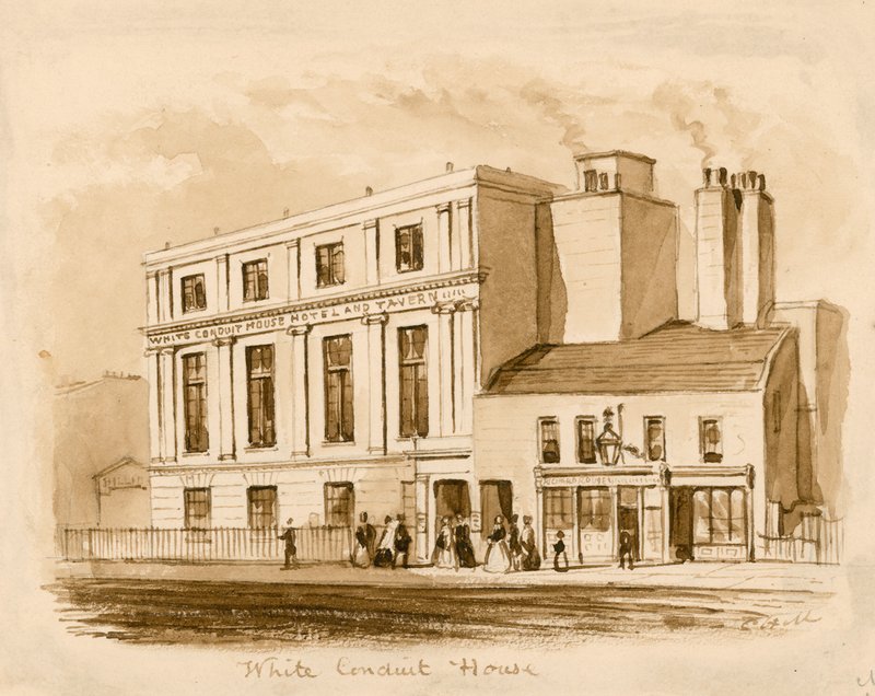 Original sepia-tegning af det nye White Conduit House, Pentonville, London (blæk på papir) af English School