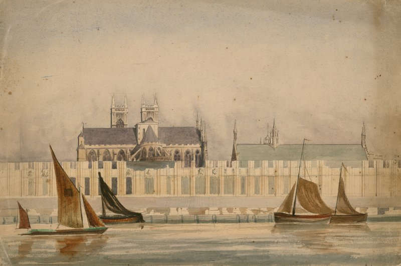 Original akvareltegning af Houses of Parliament, der bygges omkring 1842 (wc på papir) af English School