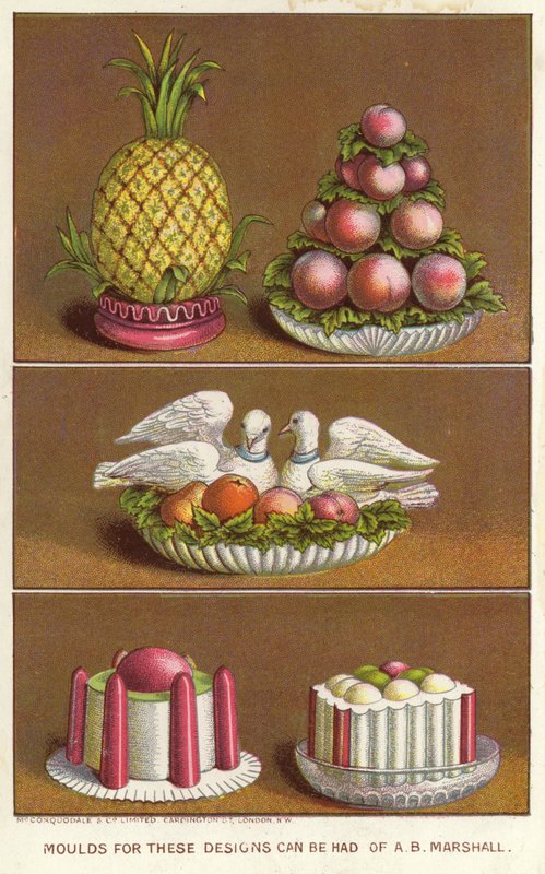 Dekorationsforme til fremstilling af is i form af en ananas, ferskner og to duer (chromolitho) af English School