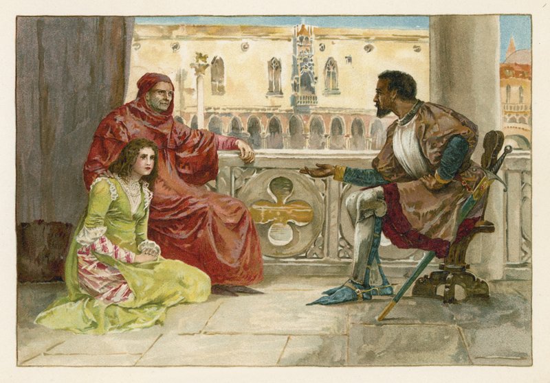 Othello talking to Desdemona and her father  af English School