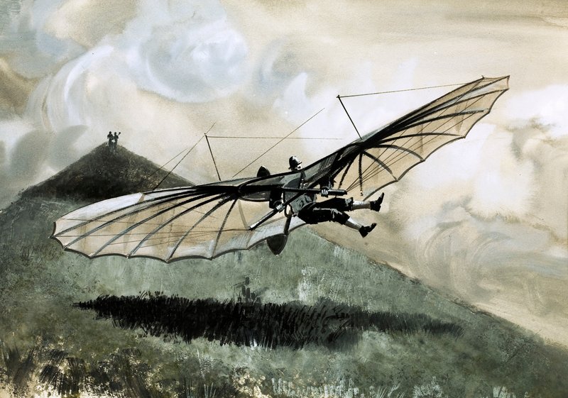Otto Lilienthal foretog over 1.000 flyvninger i sit primitive svævefly (gouache på papir) af English School