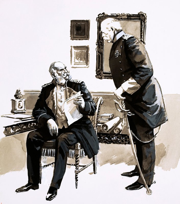Otto Von Bismarck overtalte kong William til ikke at træde tilbage (gouache på papir) af English School