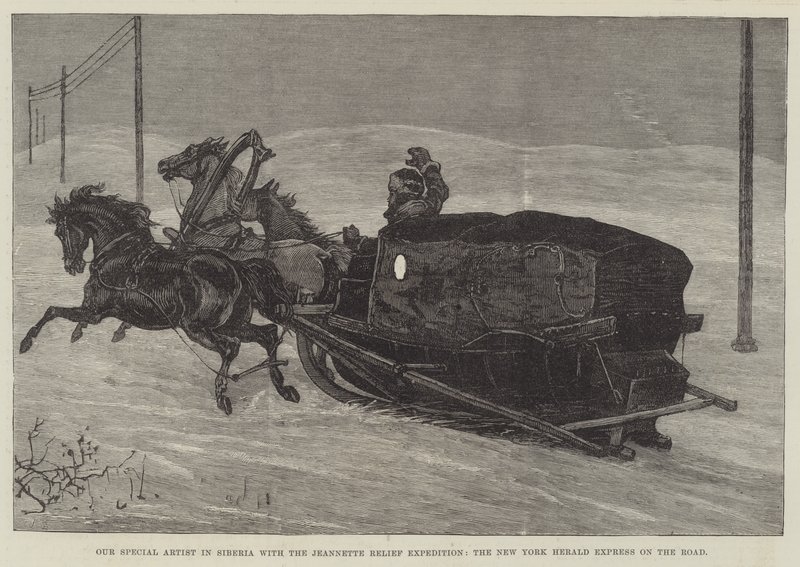 Vores særlige kunstner i Sibirien med Jeannette Relief Expedition, New York Herald Express on the Road (gravering) af English School