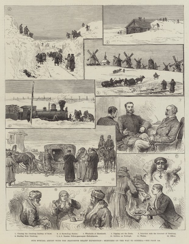 Vores specielle kunstner med Jeannette Relief Expedition, skitser på vej til Sibirien (gravering) af English School