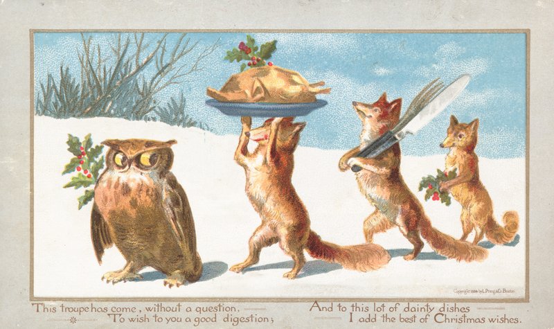 Ugle og ræve bærer julefest, julekort af English School