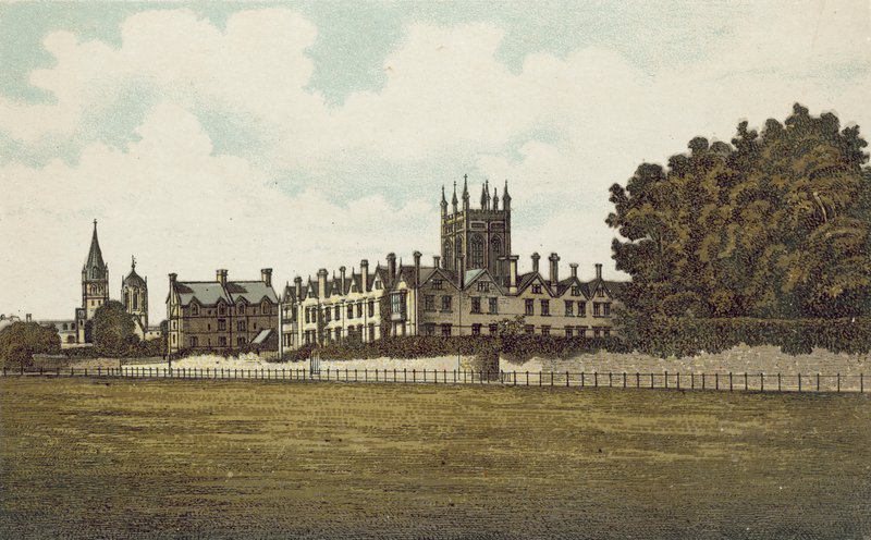 Oxford: Merton College fra markerne (farvelitografi) af English School