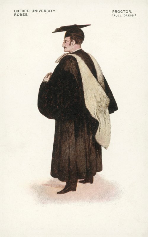 Oxford University Robes: Proctor, fuld kjole (farvelitografi) af English School