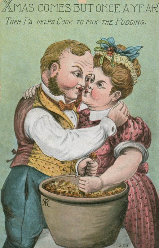 Pa og kog, rør julebuddingen (farve litho) af English School