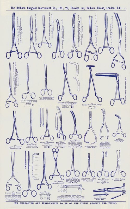 Side fra katalog over kirurgiske instrumenter, ca. 1900 (litho) af English School