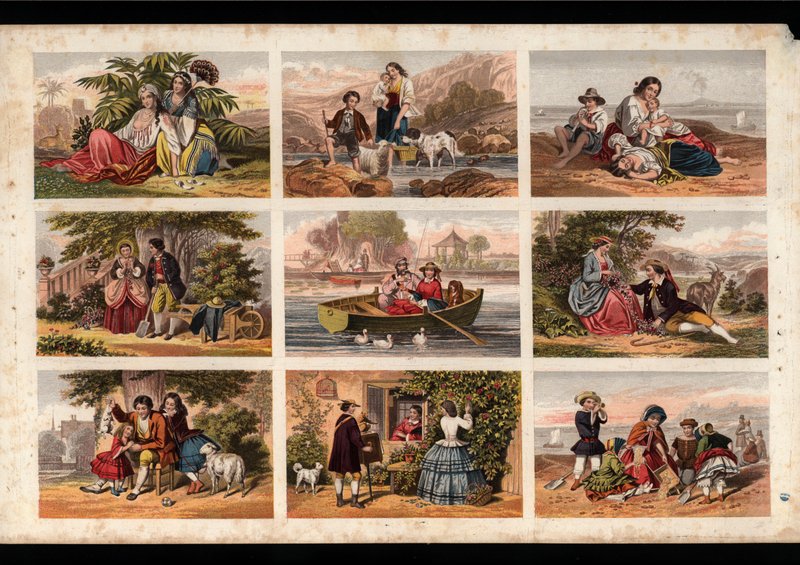 Side med victorianske trykte scraps (farvet gravering) af English School