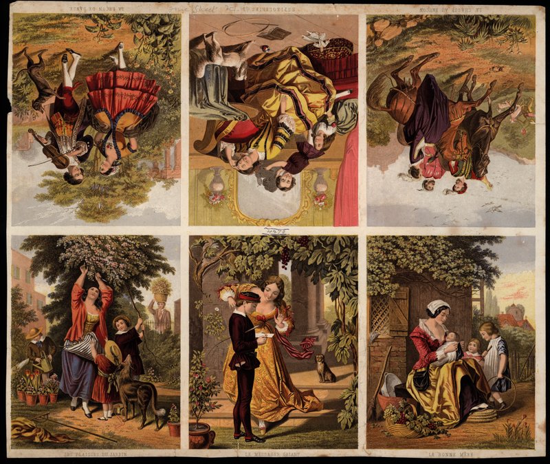 Side med victorianske trykte scraps (farvet gravering) af English School