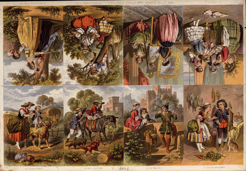 Side med victorianske trykte scraps (farvet gravering) af English School