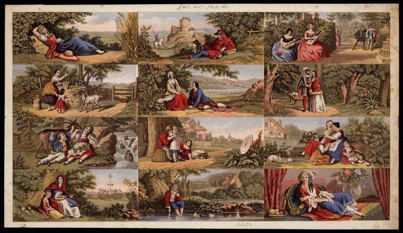 Side med victorianske trykte scraps (farvet gravering) af English School