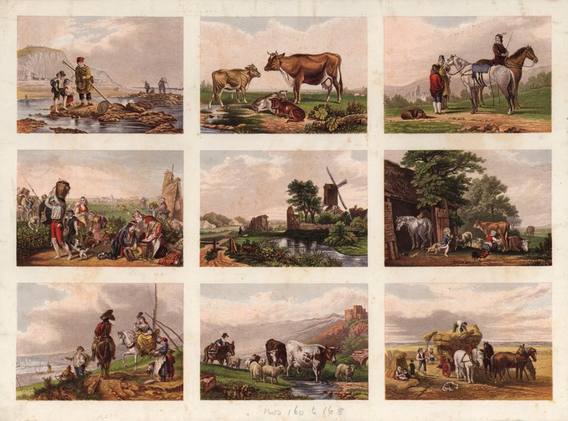 Side med victorianske trykte scraps (farvet gravering) af English School