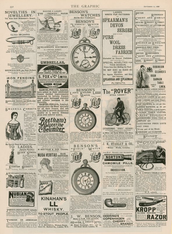Side med reklame fra The Graphic, 22. september 1888 af English School