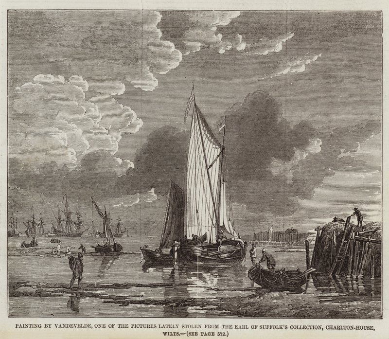 Maleri af Vandevelde, et af de billeder, der for nylig er stjålet fra Earl of Suffolks samling, Charlton-House, Wilts (gravering) af English School