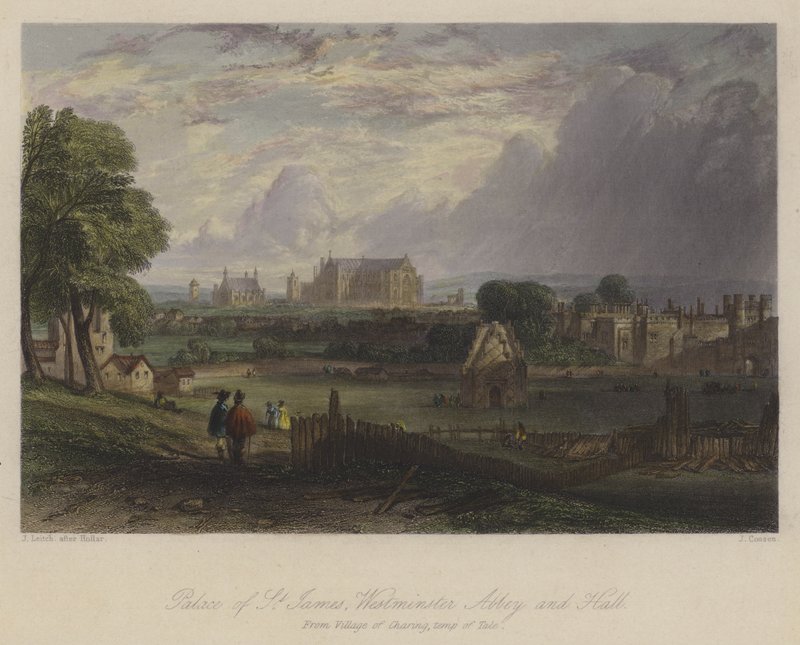 Palace of St James, Westminster Abbey og Hall, London (farvet indgravering) af English School