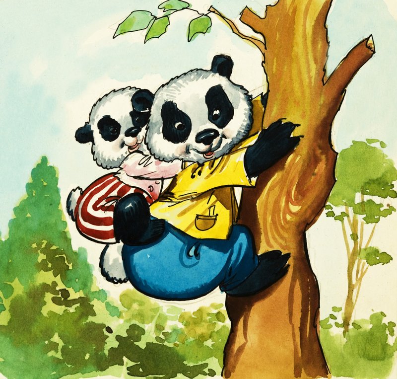 Pandaer klatrer i et træ af English School