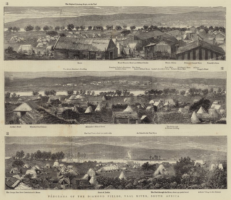 Panorama over diamantfelterne, Vaal-floden, Sydafrika (gravering) af English School