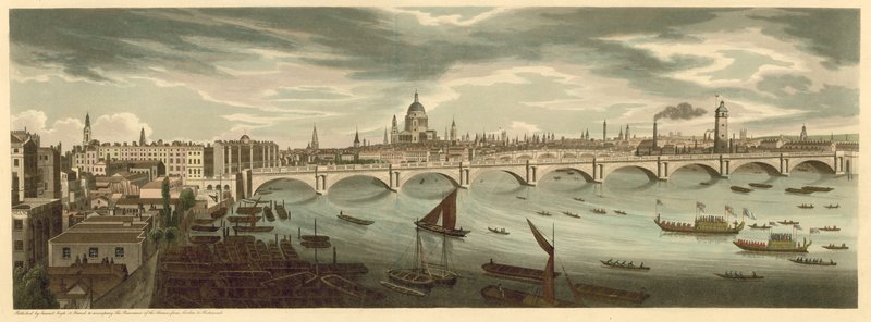 Panoramaudsigt over London inklusive London Bridge og St. Pauls Cathedral af English School