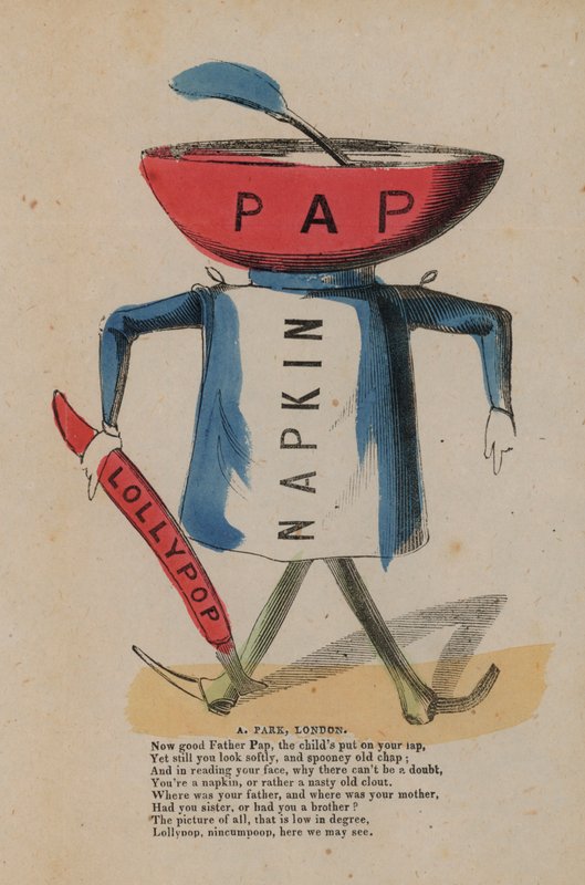 Pap, serviet og slikkepind (farvet gravering) af English School
