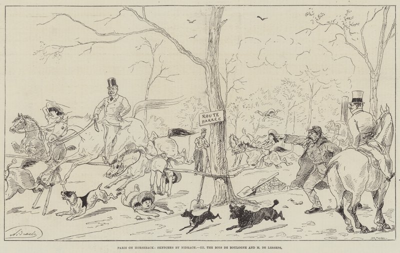Paris til hest, Bois de Boulogne og Madame de Lesseps (gravering) af English School