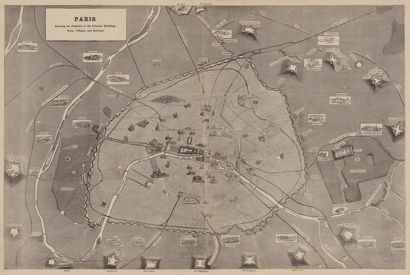 Paris, der viser positionerne for de vigtigste bygninger, forter, landsbyer og jernbaner (gravering) af English School