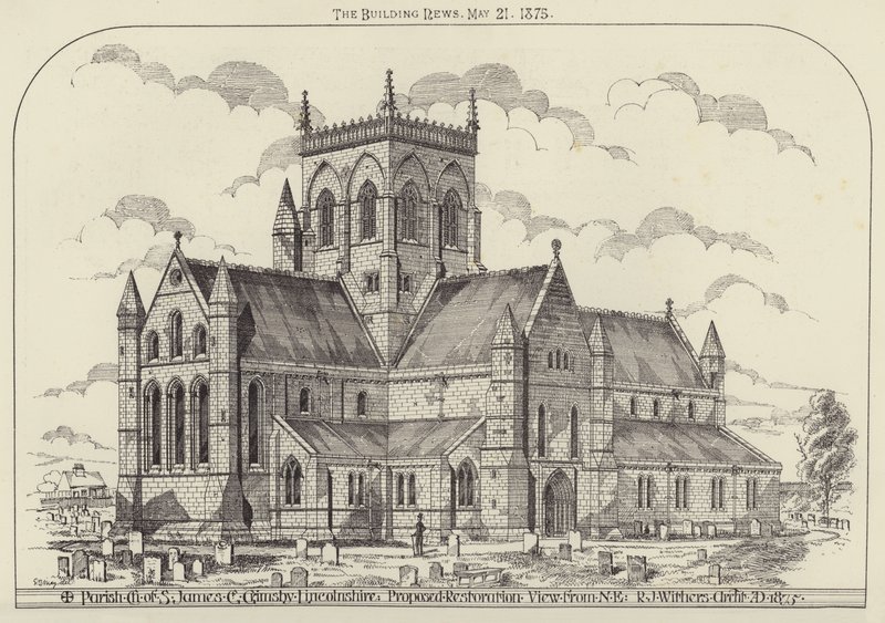 Parish Church of S James, Great Grimsby, Lincolnshire, foreslået restaurering, udsigt fra NE (gravering) af English School