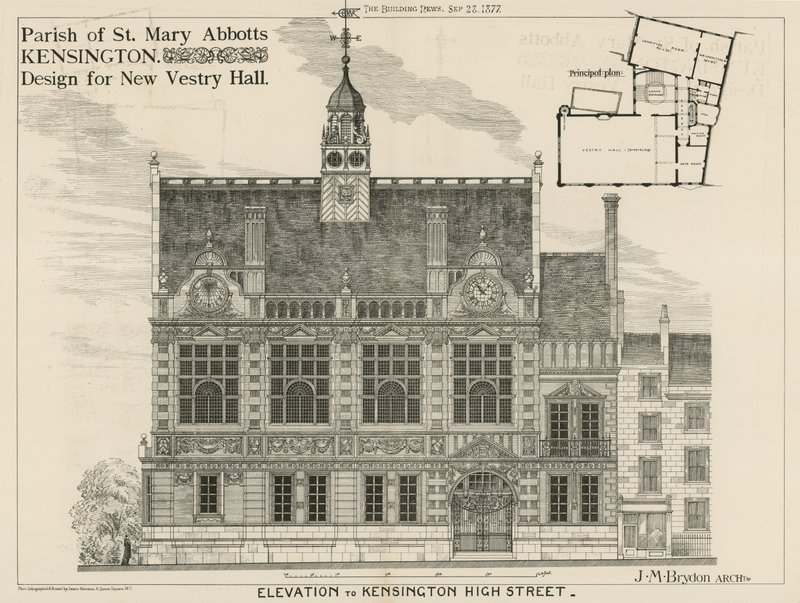 Parish of St Mary Abbots, Kensington, design for New Vestry Hall af English School