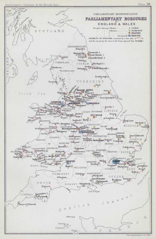 Parlamentarisk repræsentation, parlamentariske bydele i England og Wales (farvelitografi) af English School