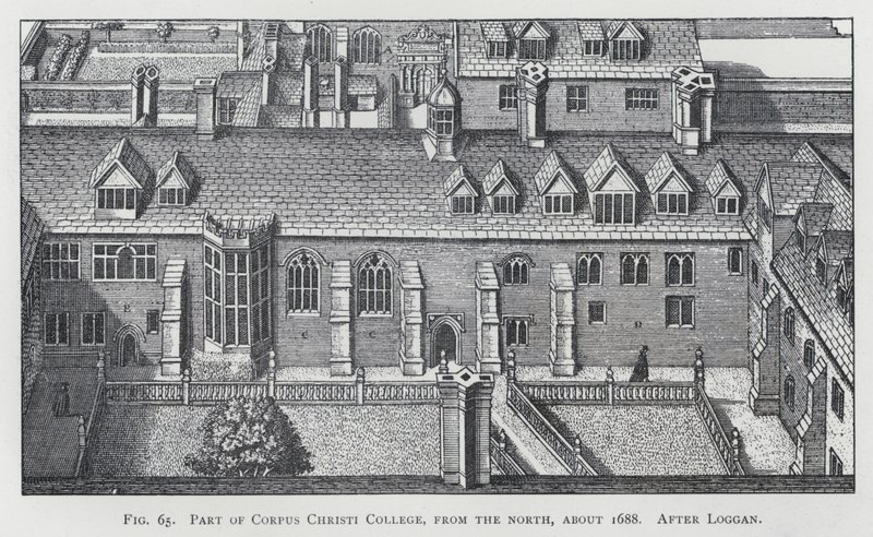 En del af Corpus Christi College, fra nord, omkring 1688, efter Loggan (gravering) af English School