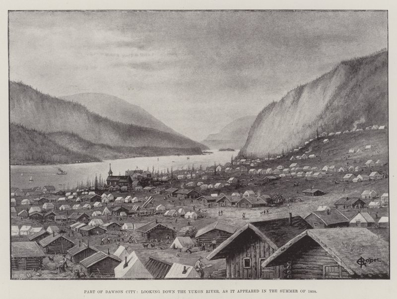 En del af Dawson City, der ser ned ad Yukon-floden, som den så ud i sommeren 1898 (litho) af English School
