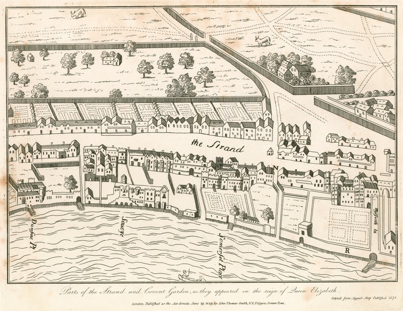 En del af The Strand og Covent Garden, London, som de optrådte under dronning Elizabeths regeringstid af English School