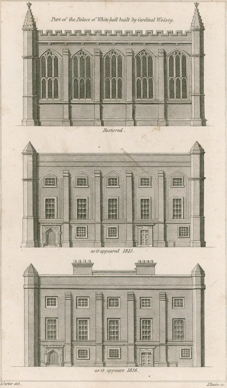 En del af Palace of Whitehall bygget af kardinal Wolsey af English School