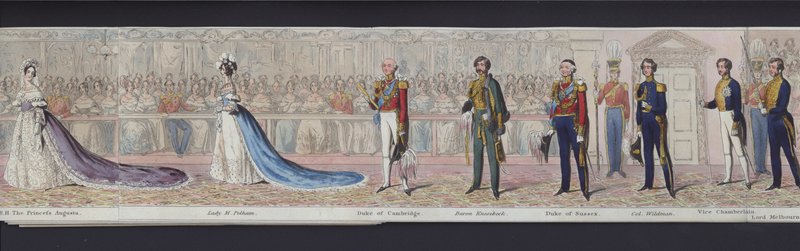 En del af panoramaet af dronning Victorias ægteskab, ca. 1840 (håndfarvet akvatint) af English School