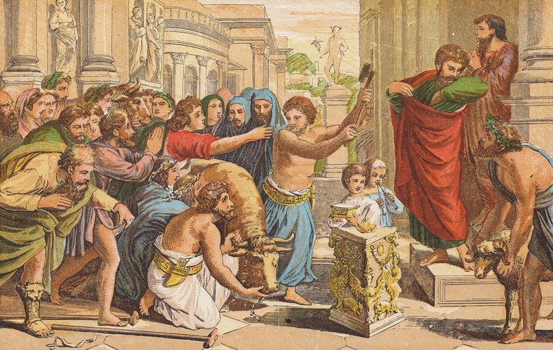 Paulus og Barnabas i Lystra (farvelitografi) af English School