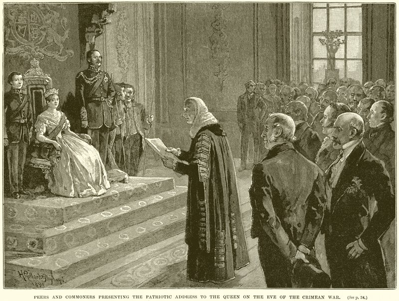 Peers og Commoners præsenterer den patriotiske tale til dronningen på aftenen for Krimkrigen af English School