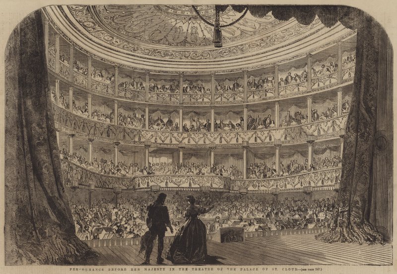 Optræden foran Hendes Majestæt i Theatre of the Palace of St Cloud (gravering) af English School