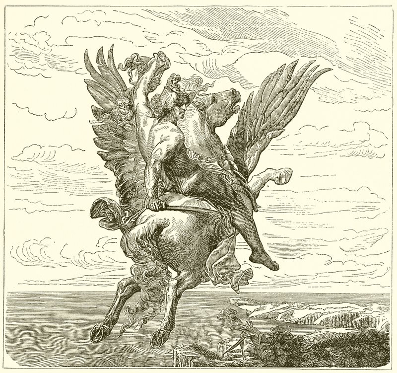 Perseus på den bevingede hest Pegasus, med Medusas hoved af English School